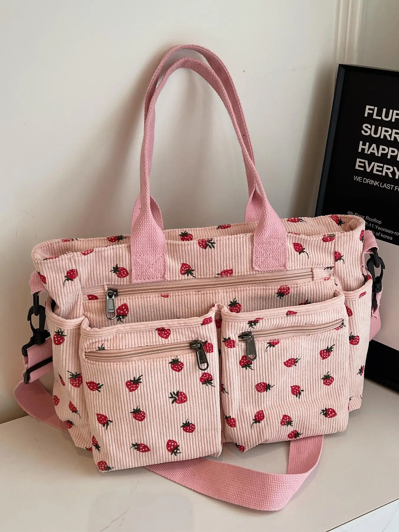 Women's Strawberry Pattern Tote Bag, Large Capacity Shoulder Bag for Daily Used, Casual Trendy Versatile High-quality Daily Commuting Bag, Girl Fashio