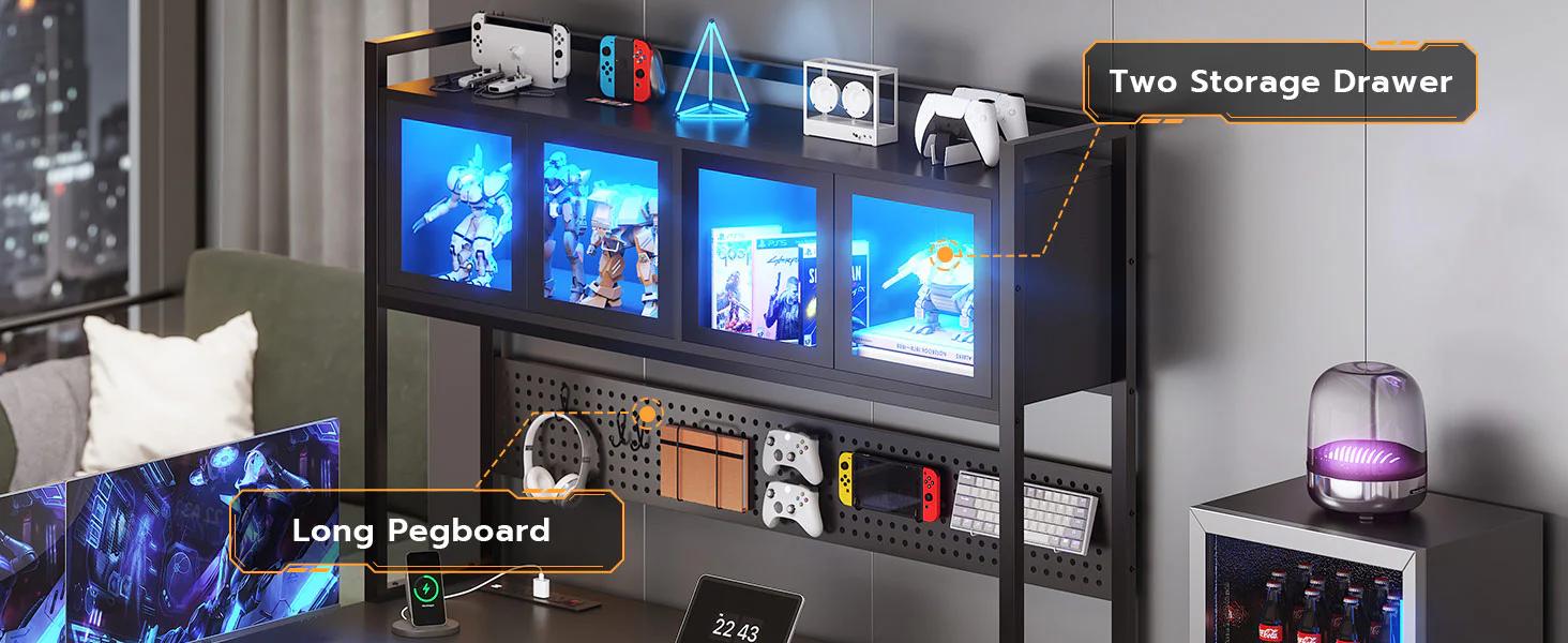 Sikaic 62 Inches LED Reversible L Shaped Gaming Desk With Power Outlet Storage Drawers Hutch and Pegboard