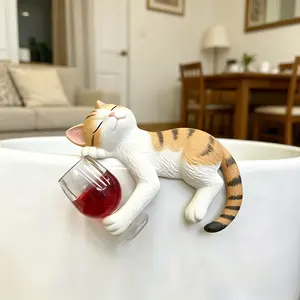 Cat Drinking Resin Figurine, Home Decor Craft Statue for Flower Pot Edge Decoration whimsical