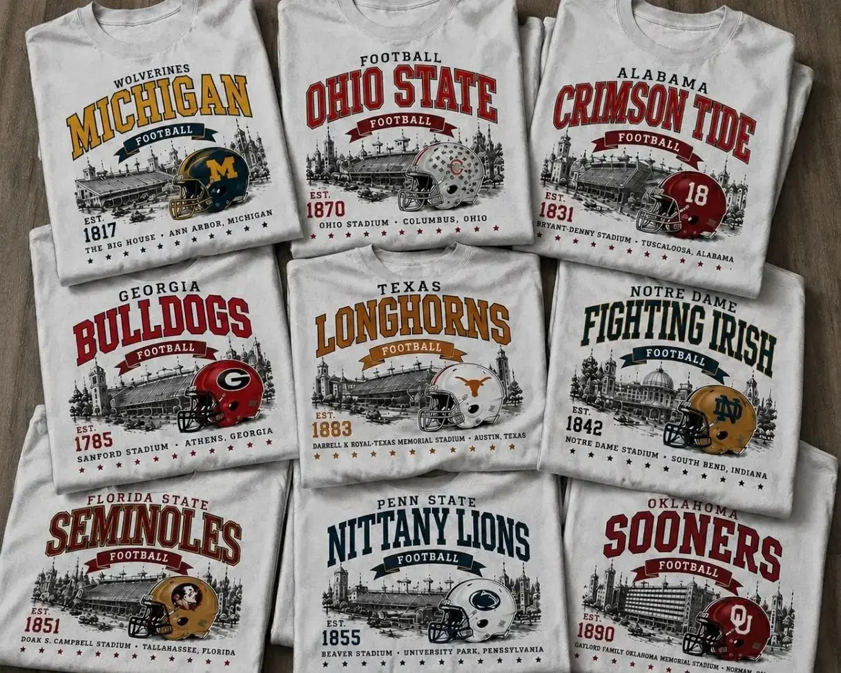 Vintage All Team Football Stadium Graphic T-Shirt, Retro College Football Fan Tee, Game Day Sports Shirt, Classic Helmet Design Apparel, Unisex Football Lover Gift CQA