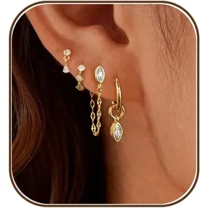 Earring Stacks for Women,Dainty 14k Gold Plated Chain Earrings Set Hypoallergenic Cute Small Huggie Hoop Earrings for Women Trendy Fashion Dangle Drop Earrings Summer Prom Jewelry Set