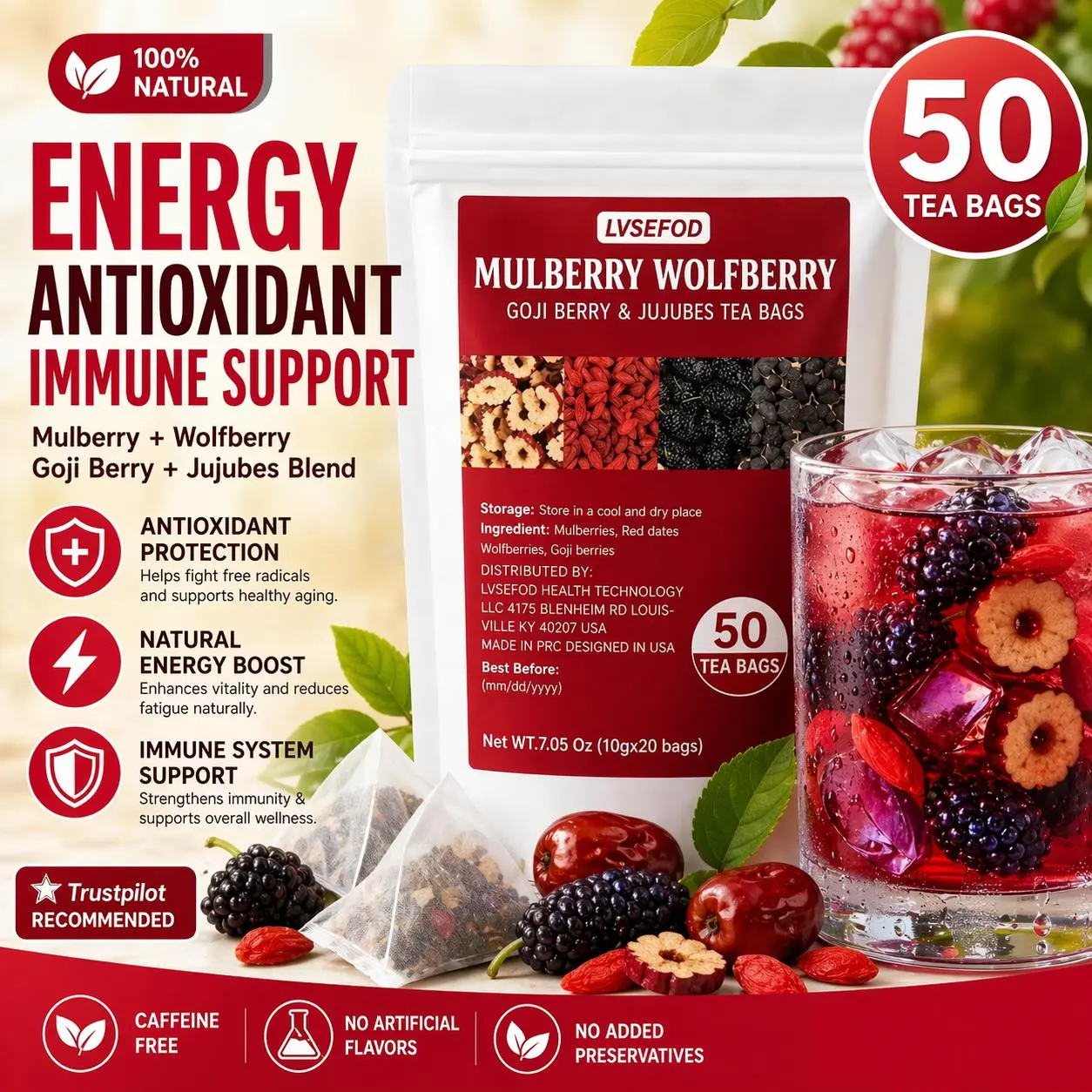 LVSEFOD  Tea Formula Ginseng Five Treasure Tea Combination Scented Tea Eight Treasure Tea Red Date Wolfberry Tea Men's Tea Health Tea Mulberry Herbal Formula Health Tea 30bags Organic Energy Tea Energy Tea Packets