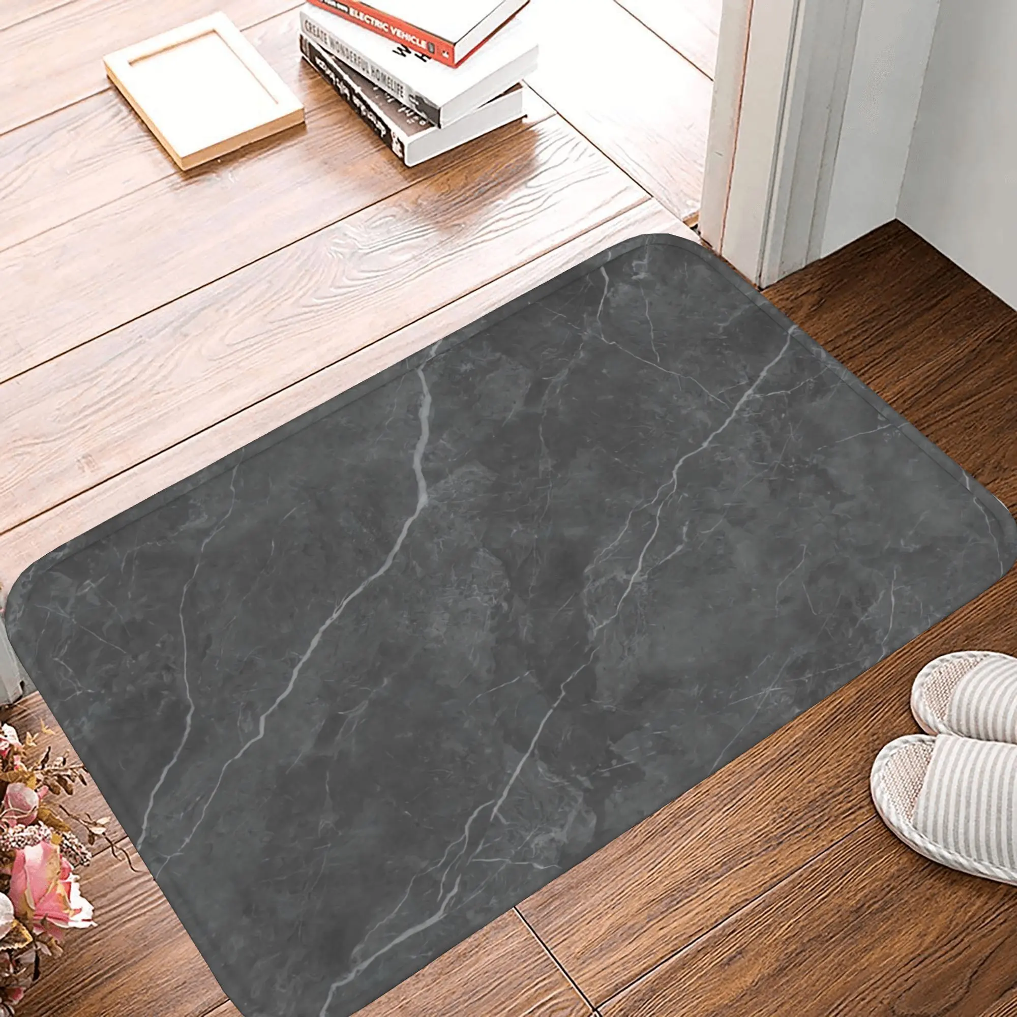 Luxury Marble Flannel Doormat, Grey Veined Stone Look, Highly Absorbent & Plush for Elegant Entrances
