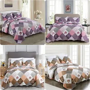 3 Piece Floral Plaid Patchwork Quilted Bedspread Set Queen King Size, Reversible Bedding Set Soft Microfiber Lightweight Coverlet Quilt Fall Summer Use