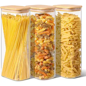 2.2 Qt Rectangle Glass Storage Containers with Lids, Clear Glass Food Storage Jars With Bamboo Lids, Tall Spaghetti Container, Pantry Storage Container for Pasta Flour Oats Nuts Rice