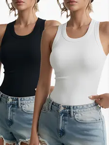 Women's Round Neck Sleeveless Polyester Tank Top, Summer Slim Fit Casual Underwear, Simple Fashion Sport Style, All Seasons Wear