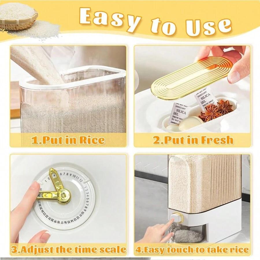 A large-capacity rice storage container with a measuring cup, moisture-proof and insect-proof sealed storage container, suitable for storing rice, grains, flour, dog food, pet food, household sealed rice container, and household kitchen supplies