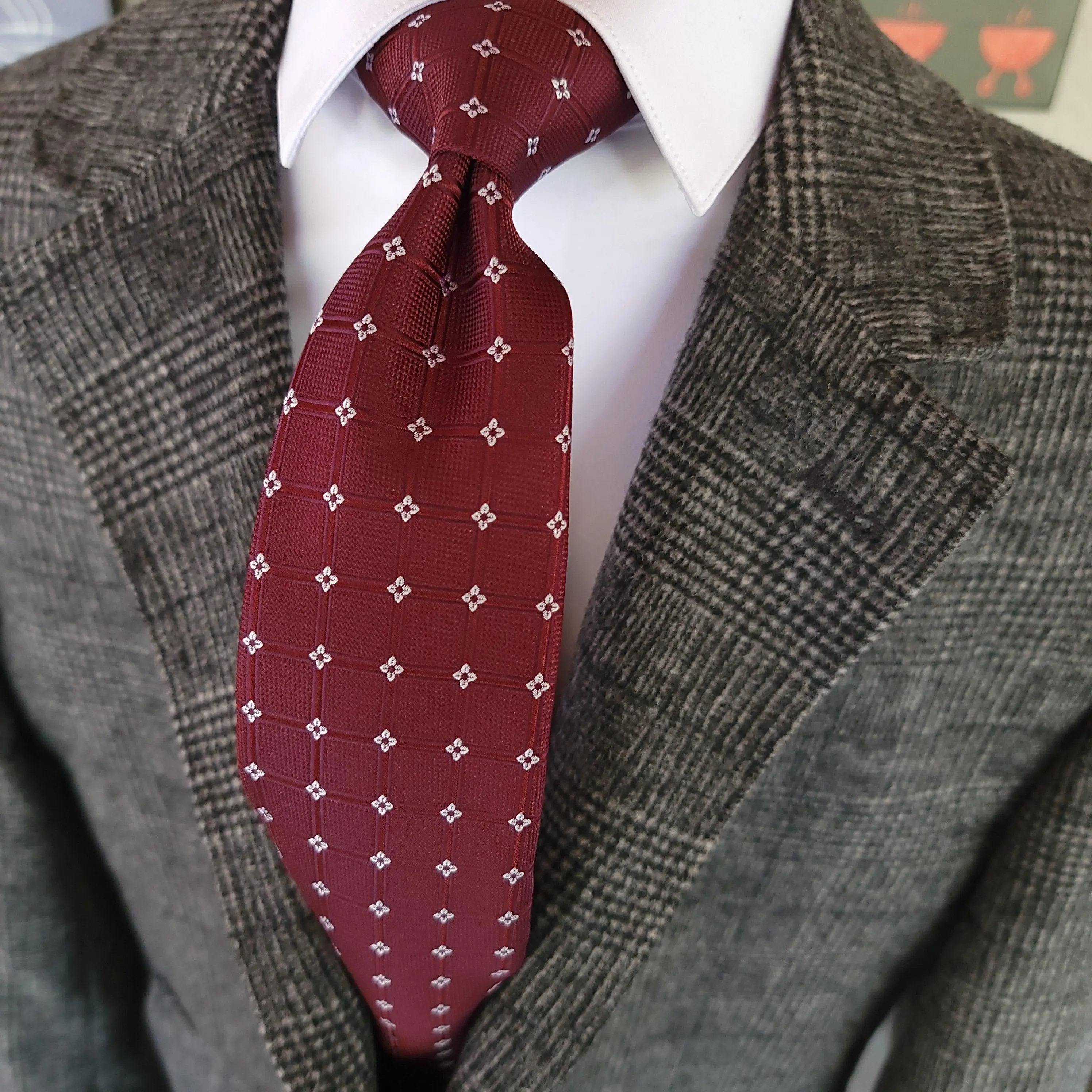 Wine Red Plaid Floral Silk Tie Pocket Square Cufflink Set