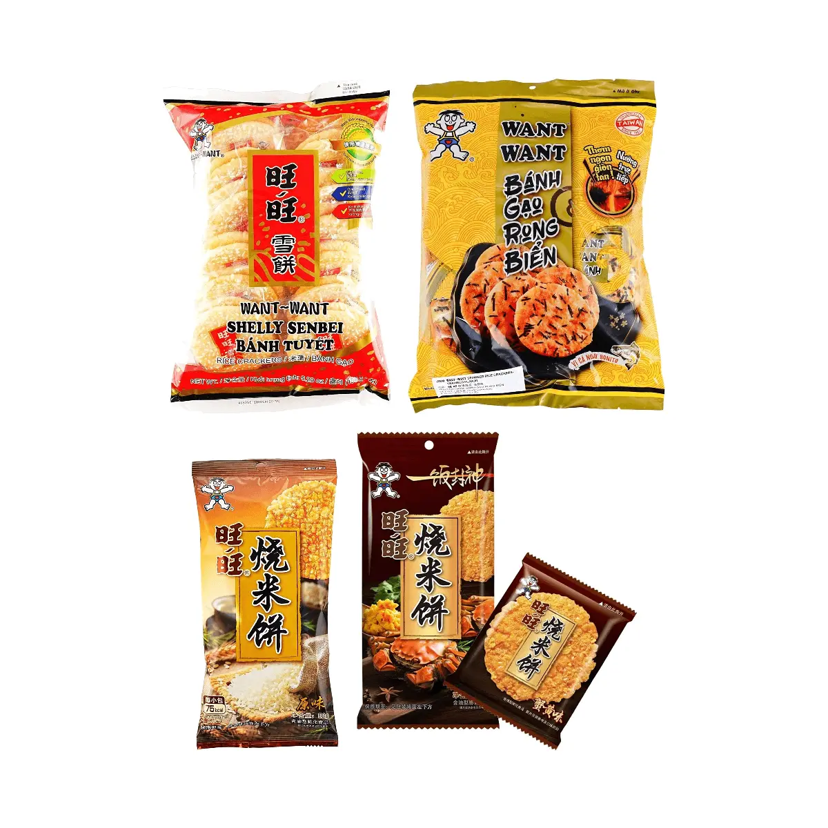 4 Pack WANT WANT Chinese Rice Crackers Variety - Crab Roe Original Seaweed Baked 13.12 oz Combo
