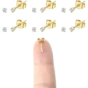 14K Gold Plating Tiny 2MM Cubic Zirconia Stud Earrings Minimal 20G Cartilage Piercing Ear Studs Smallest CZ Post Earrings for Women&Men