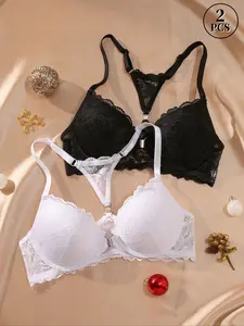 Women's front-closure lace bra with Buckle, featuring medium support, a sexy back design and push-up effect, suitable for everyday wear.