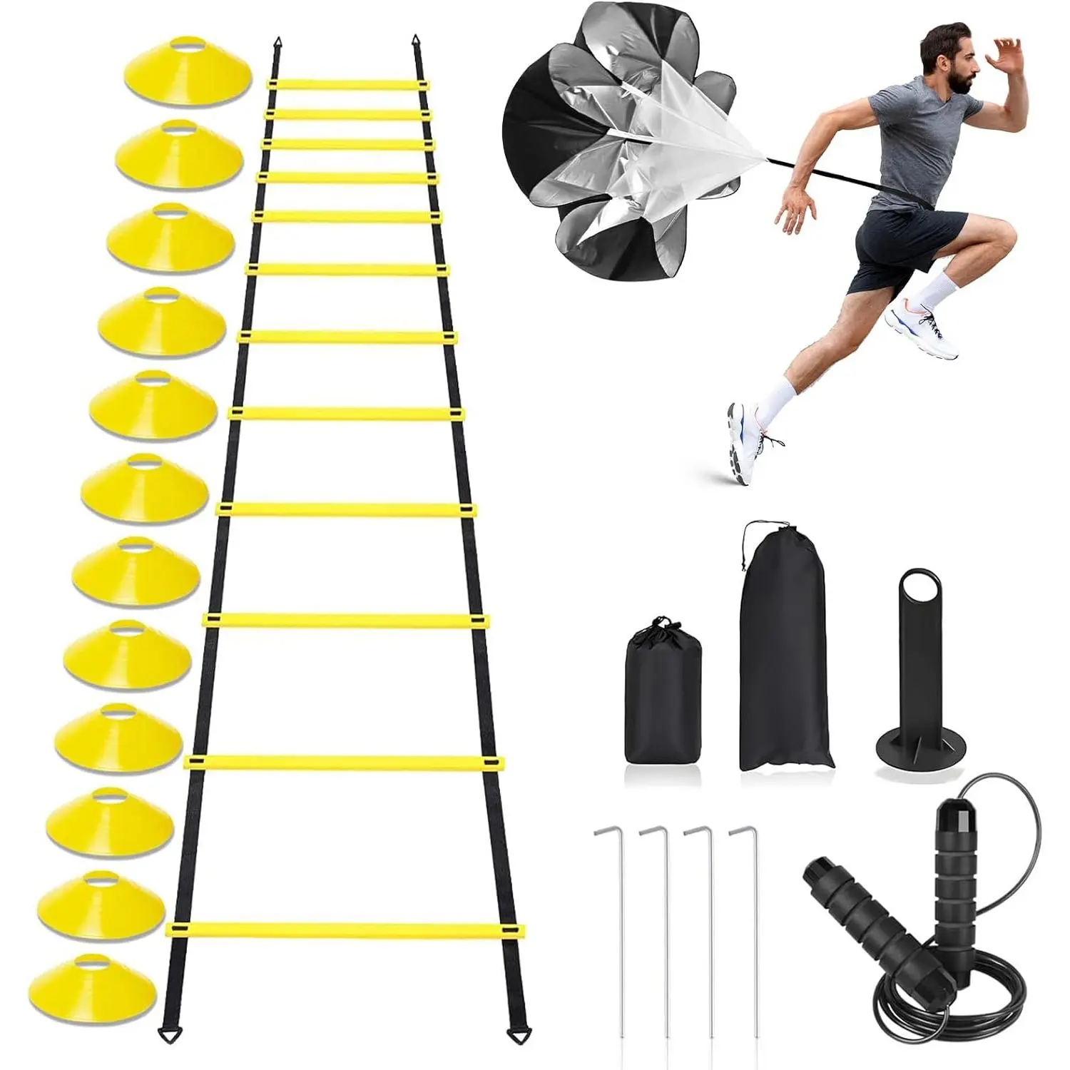 Agility Ladder,Speed  Equipment Set,20ft Rungs Speed Ladder,Soccer Cones,Jump Rope, Running Resistance Umbrella,Basketball Equipment Football Fitness  Equipment for  Youth Adults