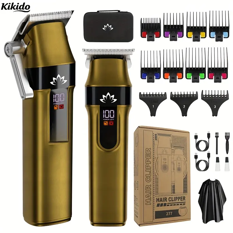 Kikido Cordless Hair Clippers for Men, Gold Design, LED Battery Display, Multiple Combs, Case & Cape Complete Kit for Home Use