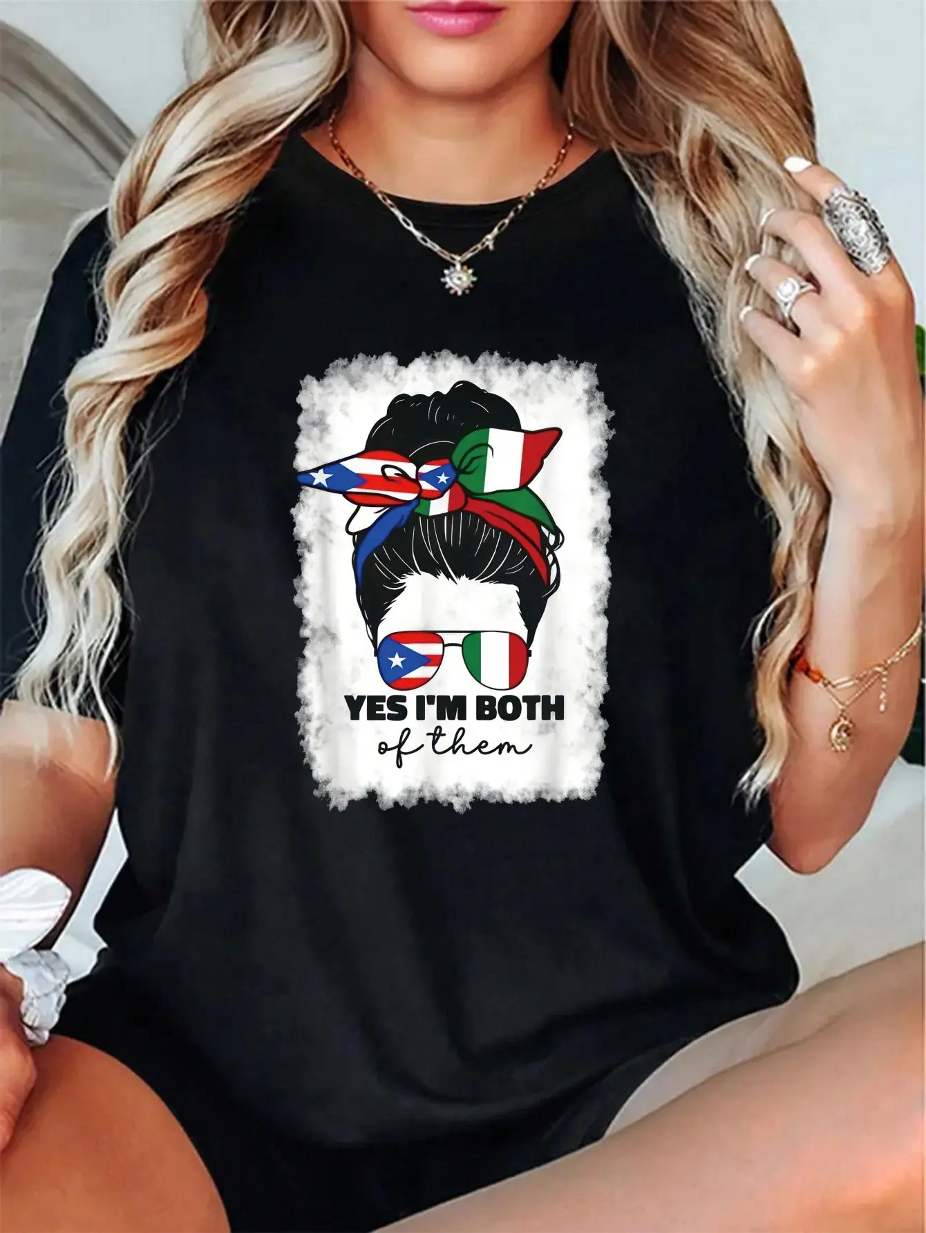 Women's Streetwear Graphic T-Shirt, Italian & Puerto Rican Print, Super Soft 100% Cotton for Casual Wear & Parties, Round Neck, Short, Style, Loose