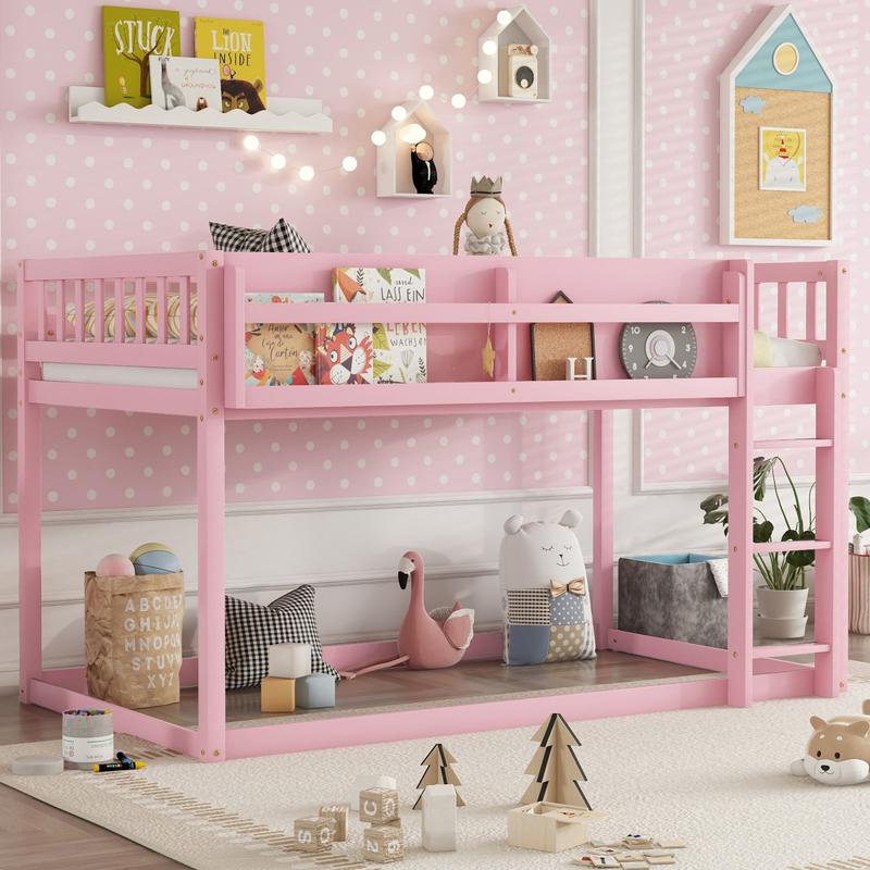 Twin Over Twin Low Bunk Bed, Floor Bunk Bed with Ladder, Solid Wood Twin Bunk Bed