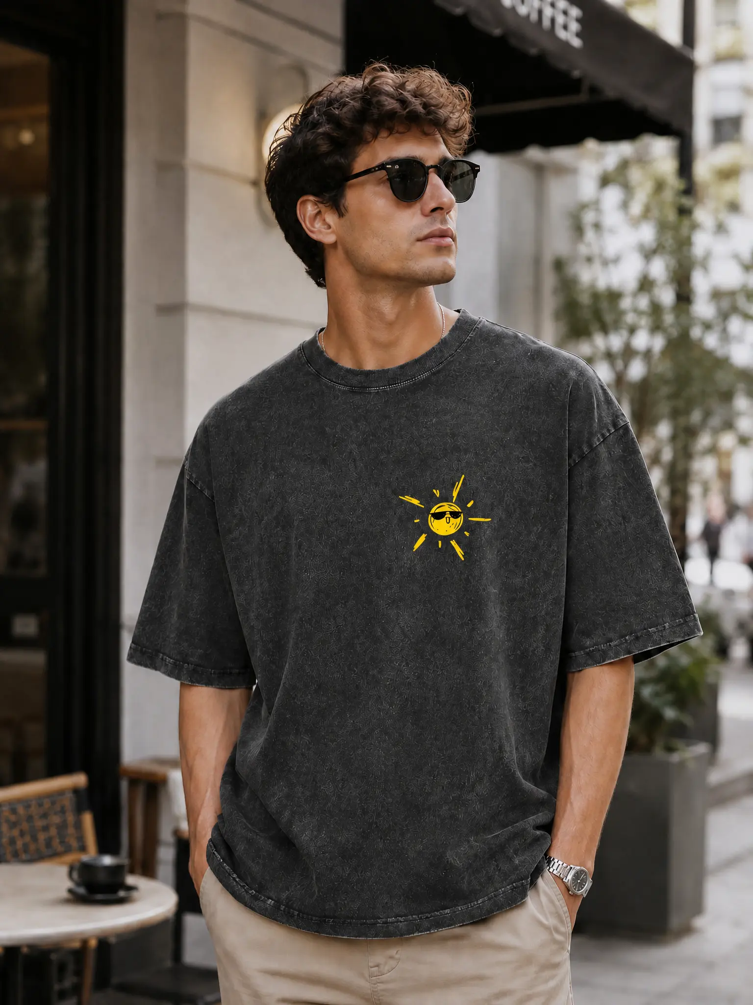 Oversized Small Sun Chest DTG Printed Vintage Tee, Ultra Soft 100% Pure Cotton DTG Short Sleeve T-Shirt, Breathable Loose Fit Retro Daily Apparel, Y2K Vintage Style Casual Wear, Street Style Enthusiast Birthday Holiday Gift For Him & Her
