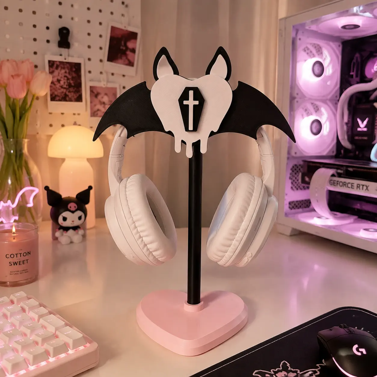 Gothic Bat Wing Headset & Controller Stand, Dual-Use Headphone Holder, Gaming Desk Organizer, Spooky Cute Gothic Desk Decor for Gamer Girls, Halloween Room Accessories