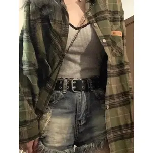 NewJapanese Vintage Long Sleeves Women Green Plaid Shirt Streetwear Retro Blouse Korean Fashion Aesthetic Clothes Coat Spring Y2k(Gift)11