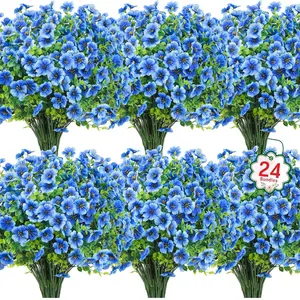 24 Bundles Outdoor Artificial Flowers, UV-Resistant Silk Fake Plants Versatile Use, Blue Plastic Decor for Garden, Porch, Window Box, Table Vase