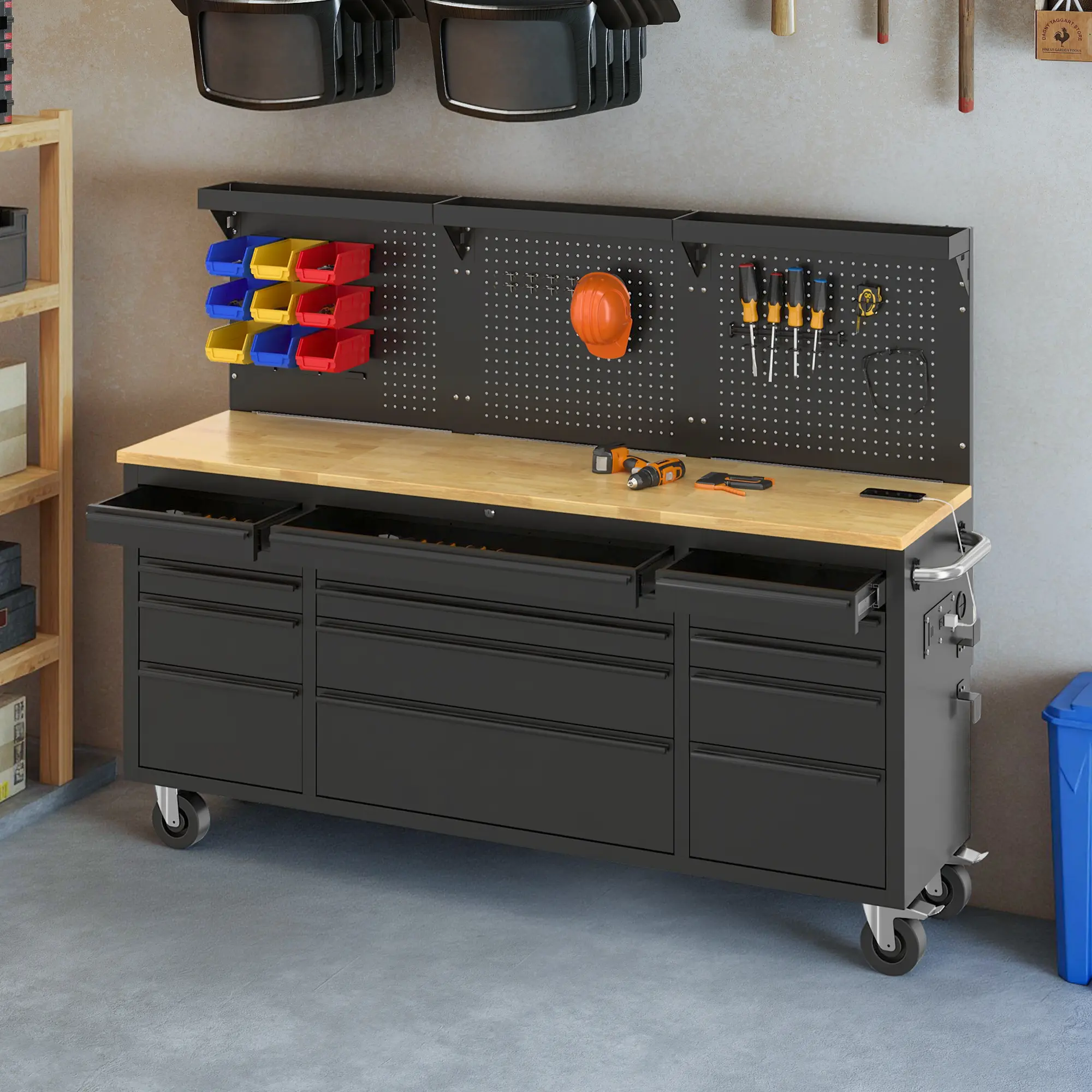 AMERLIFE Rolling Tool Chest with Drawers & Wheels - Multi-Size (26/72/84/96in), Rubberwood Top, Power Strip, Overload Protection, Locking Brakes Casters, Easy Assembly, Pegboard, 560/3000LBS Capacity, Black Garage/Workshop/Home DIY Projects Organizer #tik