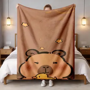Capybara Cute Star Theme Flannel Blanket, Large Size, Soft Lightweight Warm, Perfect for Bed Sofa Office Camping Travel, Spring Best Gift