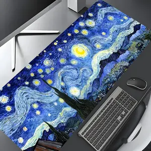 Van Gogh Starry Night Design Large Gaming Mouse Pad,Aesthetic Desktop Protection Pad,Washable Rubber Pad Non-Slip Lock Edge Multi-Size Mouse Pad Suitable For Home Office,Desktop Accessory,Good Gift for Family and Friends