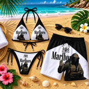 Marlboro Gothic Priest Inspired Couple Swimwear Set – Black & White Bikini and Men’s Beach Shorts, Dark Art Graphic Matching Outfit, Summer Vacation Beachwear for Couples, Trendy Tropical Style