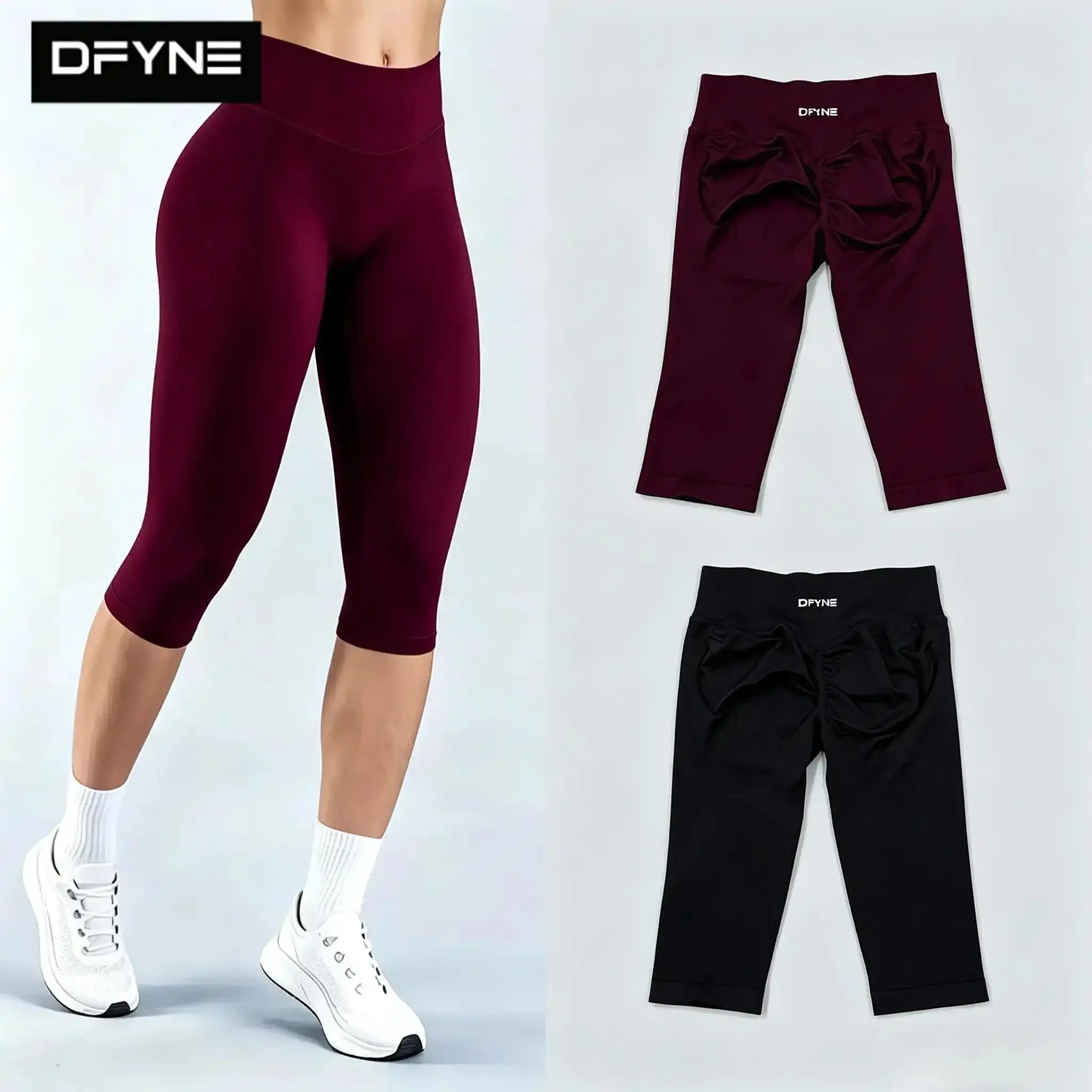 DFYNE Women Cropped Capri Workout Leggings High Waisted Tummy Control Yoga Pants Scrunch Booty Contour Compression Gym Running Tights Athletic Activewear Fitness Clothes Exercise Sportswear Trousers Bottoms