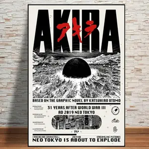 AKIRA Neo Tokyo Explosion Wall Art Design, Black and White Anime Poster With Red Title, Manga Style Prints for Cyberpunk Dystopian Decor