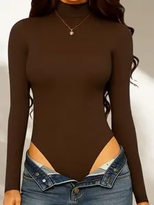 1 Count Women's Solid Hue Casual Turtleneck Long Sleeve Tailored Bodysuit, Elastic Soft Warm Jumpsuit, Cozy Fabric Comfort Shirts, Chic Fitted Silhouette Tee for Ladies, Timeless Monochrome Style Design Womenswear, Idea for Daily Relax & Office Commute