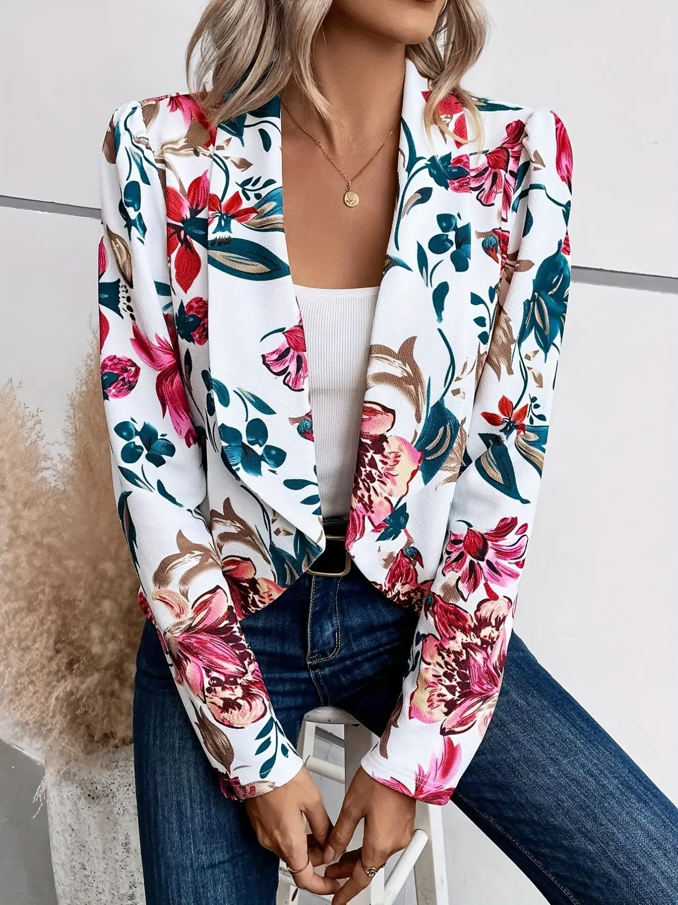 Women's Floral Print Short Jacket Long Sleeve, Vintage Style Bubble Sleeve Waist Cinching Design, Commuter Date Women's Elegance Blazer Coat