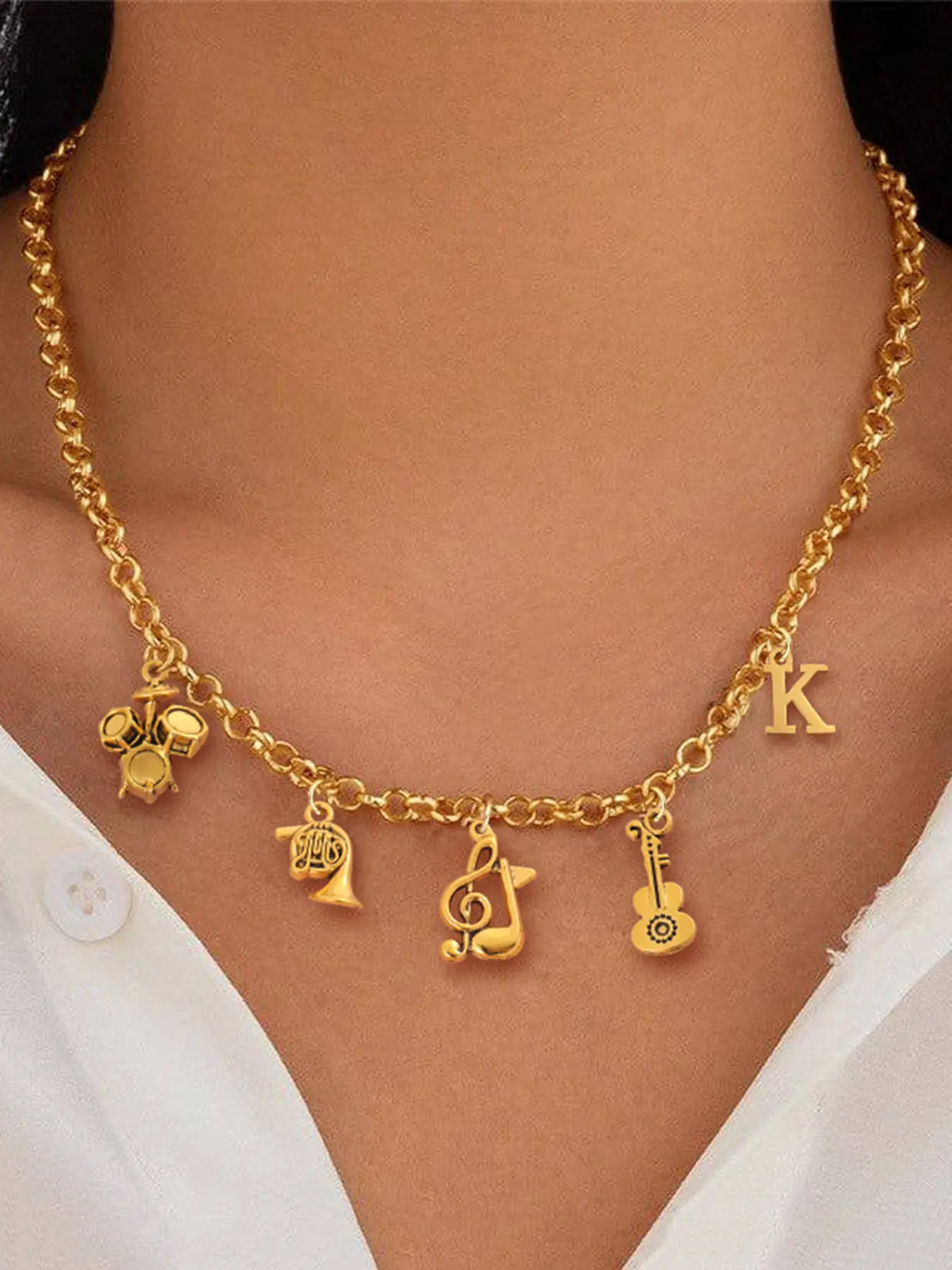 1Pcs Initial Music Note Guitar Drum Set Trumpet Pendant Necklace For Women Fashion Golden Stainless Steel Chain Necklace For Women Modern Versatile Trendy Jewelry Accessories Minimalist Chain