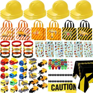 148 pcs construction birthday party supplies include 12 construction hats 24 truck toys 12 vehicle stickers 12 silicone bracelet 12 goodie bag 24 stamps 50 shovels 1 tablecloth1 tape