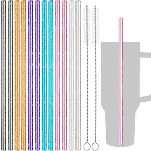NiHome 40oz Straws, 12 Pack Glitter Plastic Replacement Straws for 40 oz Tumbler, 0.32’’ Diameter Reusable Straws 12’’ Long with 2 Brushes - Durable PETG, BPA-Free, w/Laser-Induced Sparkle Utensils