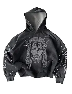 Gothic Rhinestone Jesus Face Hoodie Vintage Washed Streetwear Pullover Y2K Menswear Black Rhinestone Jesus Crown of Thorns Hoodie - Sweatshirts