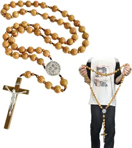 Wooden Wall Cross with San Benito Medal, 42 Inch Large Crucifix, Big Brown  Rosary Beads Catholic Wall Decor Catholic Gifts
