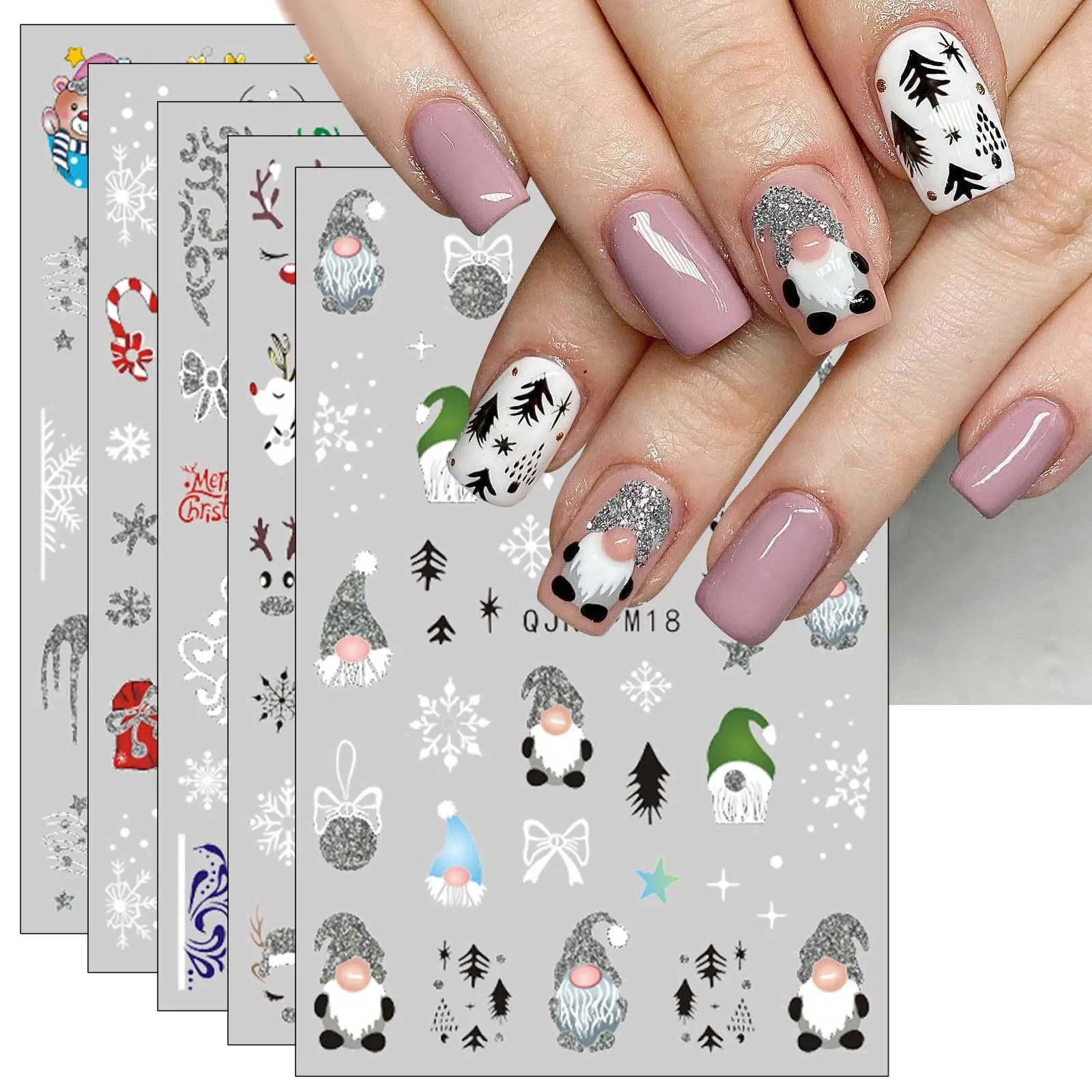 10 Sheets Glitter Christmas Nail Art Stickers Decals Self-Adhesive Snowflake Winter Holiday Cute Tree Star Nail Supplies Nail Art Design Decoration Accessories