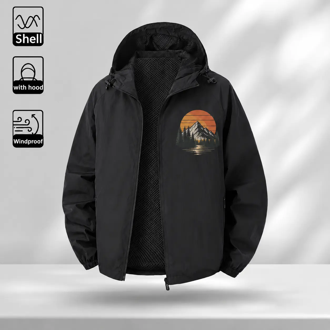 Mountain Sunset Windbreaker Jacket with Hood, Zip-Up Shell with Forest Landscape Chest Graphic, Retro Nature Style