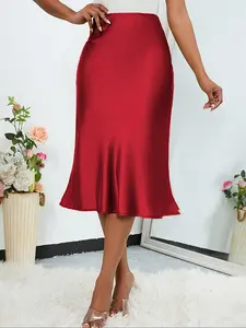 Women's Solid Color High Waist Casual Skirt, Elegant Fashion Zipper Design Knee Length Skirt for Daily Outdoor Wear, Ladies Clothes for Summer