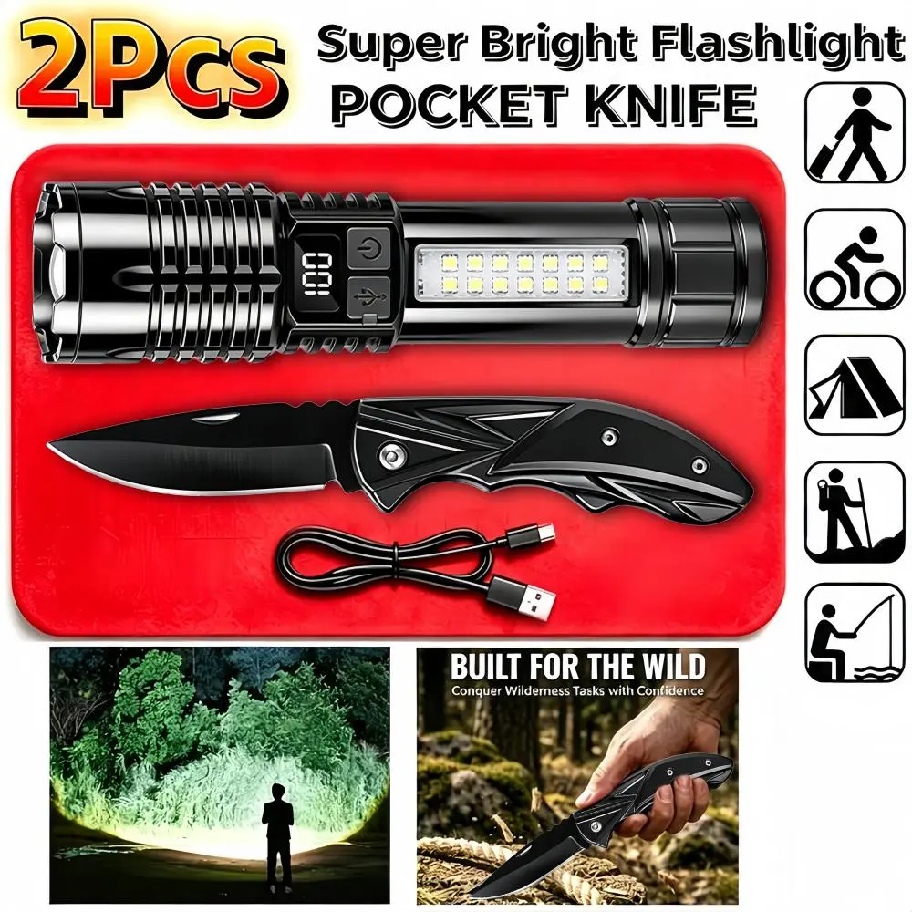 EDC Tool Set for Men, 2-Piece Folding Pocket Knife with Textured Grip & High-Bright Zoomable Rechargeable Flashlight, Cool Stuff Gadgets for Camping & Hiking