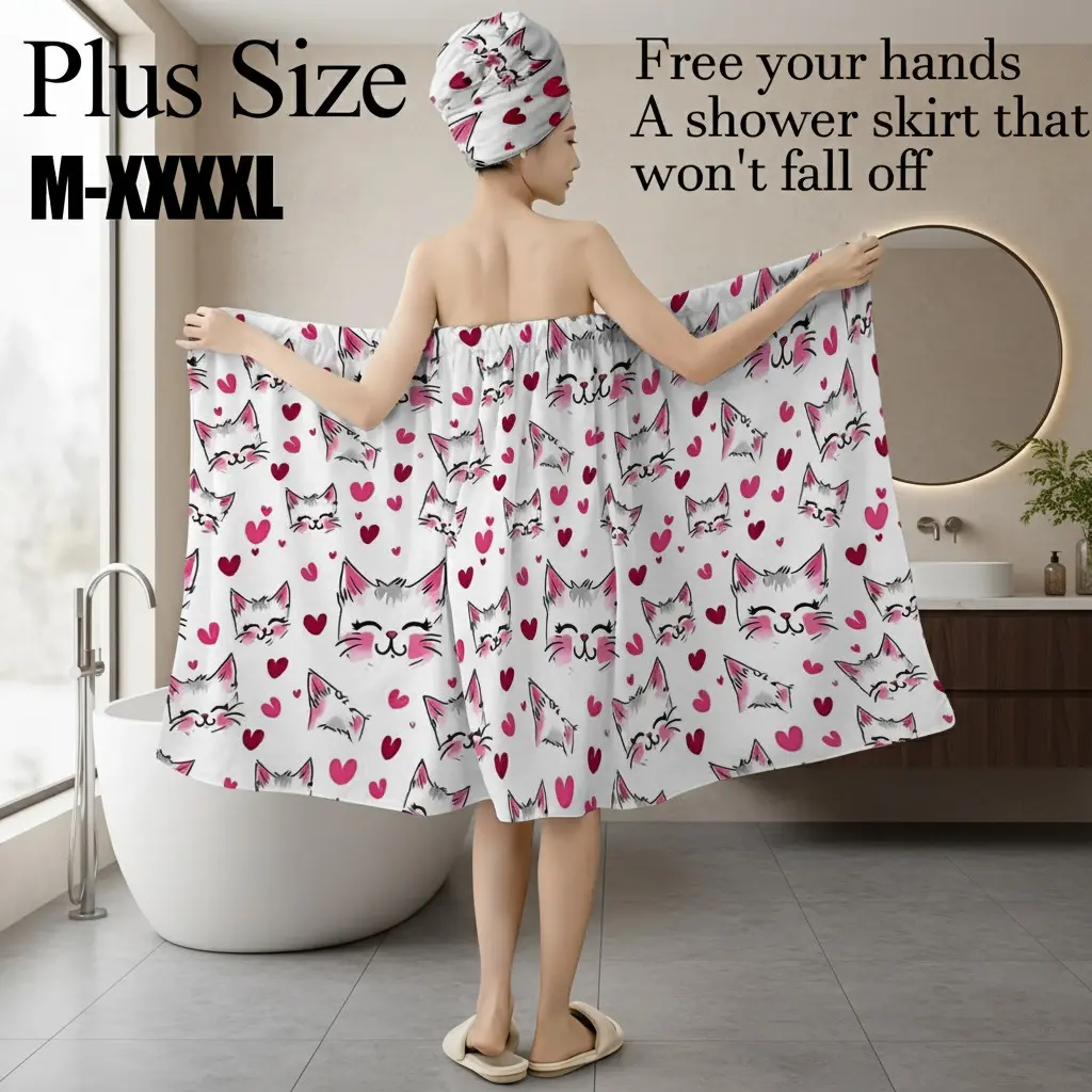 Plus Size M-XXXXL Cute Pink Cat & Heart Print Bath Wrap Skirt & Hair Towel Set, Non-Slip Adjustable Shower Skirt for Bathroom, Spa, Valentine's Day, Bridal Shower Gift