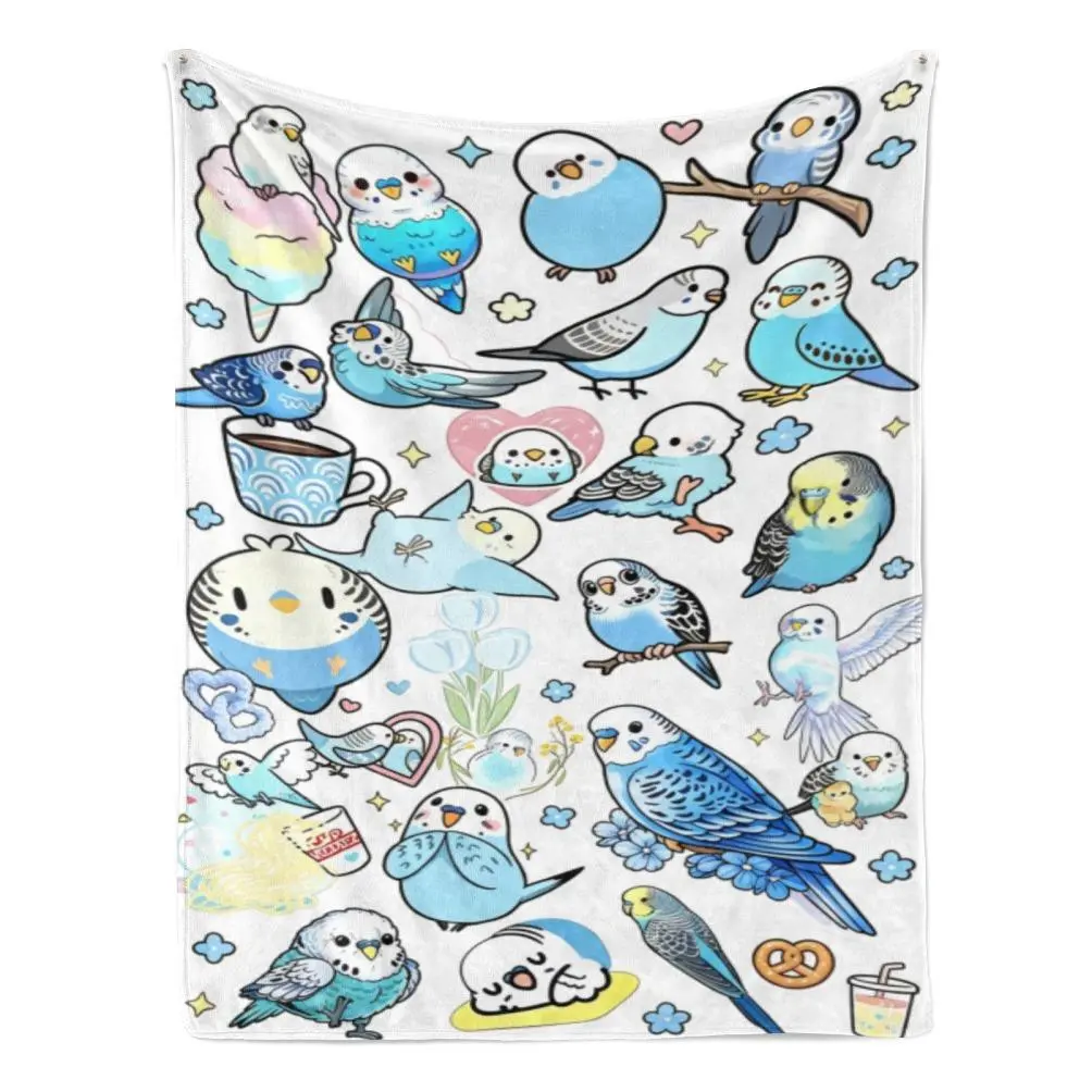 Cute Cartoon Budgie Parrot Flannel Throw Blanket - Soft Bird-Print Cozy Blanket for Home, Room & House Decor, Whimsical Home Decor with Playful Look, Ideal Gift for Bird Lovers