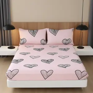 3pcs Heart Print Bedding Set, Includes Fitted Sheet and 2 Pillowcases, Breathable Polyester Fiber, All Seasons