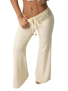 Women's Knit Beaded Drawstring Loose Casual Vacation Pants, Comfortable High Waist Trousers for Spring & Fall Seasons