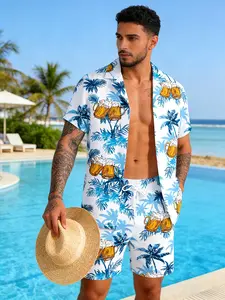 Men's Beer Cup Print Tropical Hawaiian Shirt Set, Casual Vacation Two-Piece Outfit Sets, Cuban Collar Short Sleeve, Drawstring Shorts, Soft Skin-Friendly Material