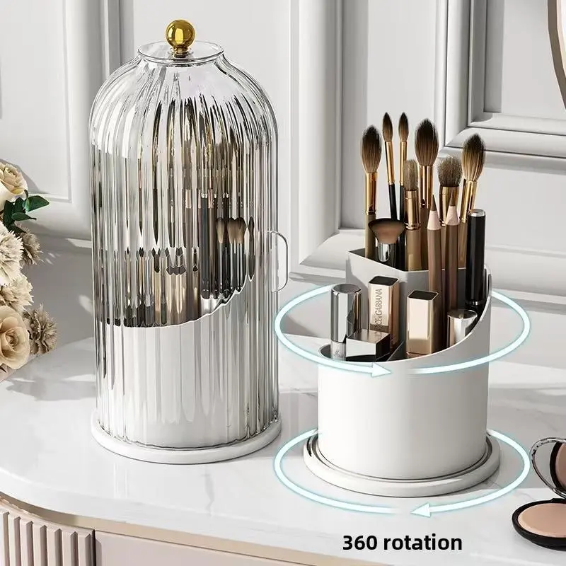 360° Rotating Dustproof Makeup Brush Organizer, Transparent Compartment Cosmetic Holder, Lockable Large Capacity Desktop Storage Case for Vanity Stationery Books