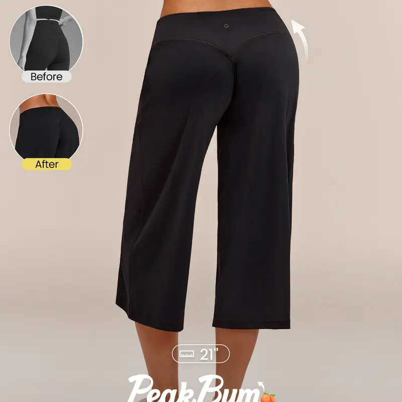 GLOWMODE 20" FeatherFit-Air Glow Flex Low-Rise Peakbum Wide Leg Capri Leggings With Back Pocket Low Impact Training Running Workout Gym Fitness Daily Wear