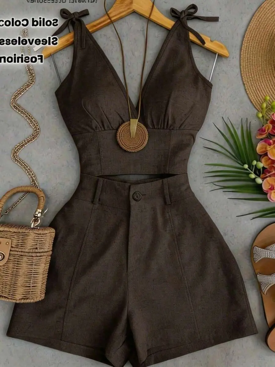 MAGNIFI Women's Solid Color Pleated Shoulder Knot Camisole And Shorts Casual Outfit