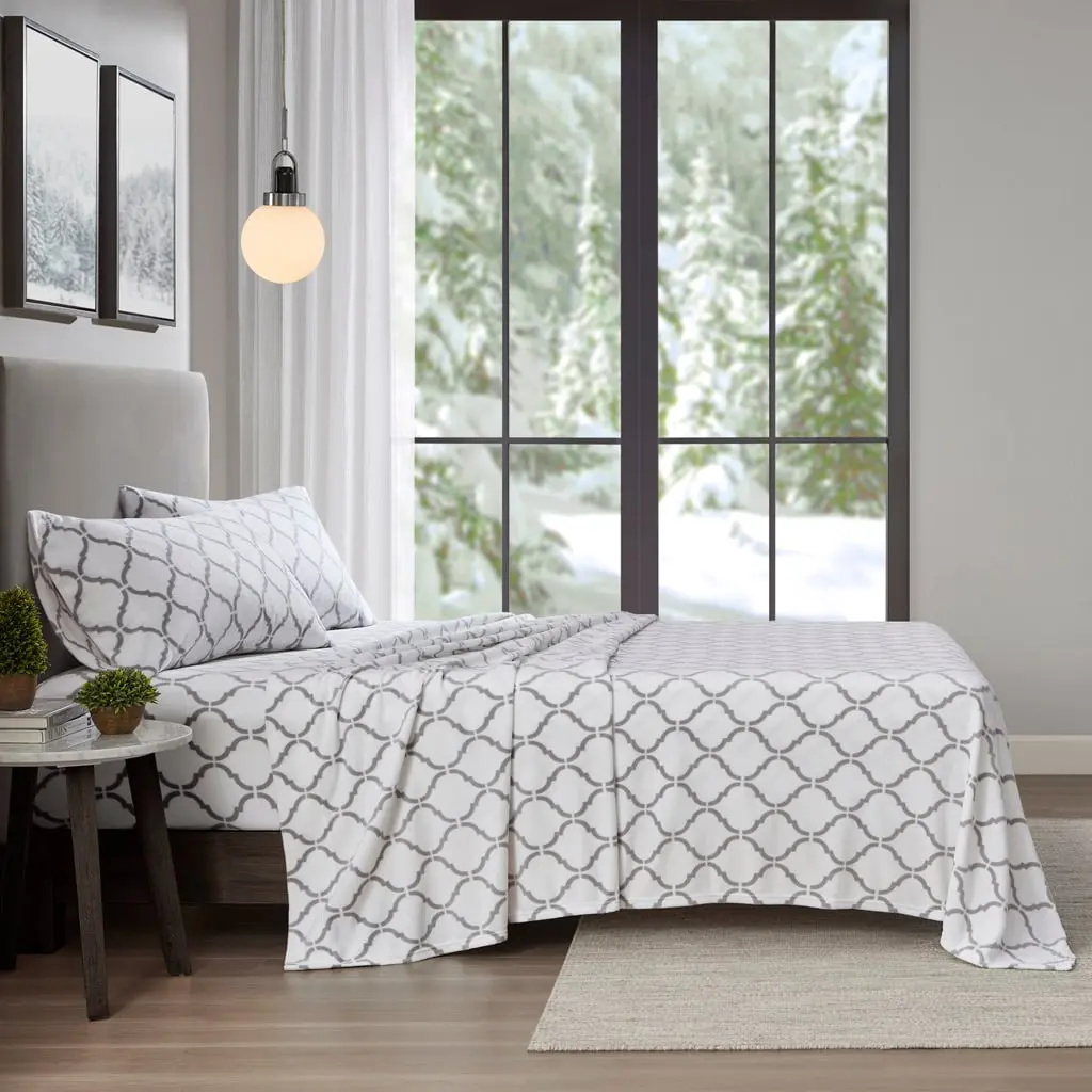 360 Stand Twin Size Micro Fleece Bed Sheet Set, Anti-Pilling Polyester Fleece, Cozy Warmth, Grey Geo Print, 66x96x0.13 in, True North by Sleep TN20-0528