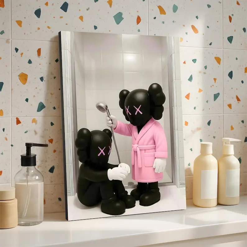 Pink Robe Kaws Bath Buddy Canvas Print, Hypebeast Bathroom Wall Art, Funny Bathroom Hypebeast